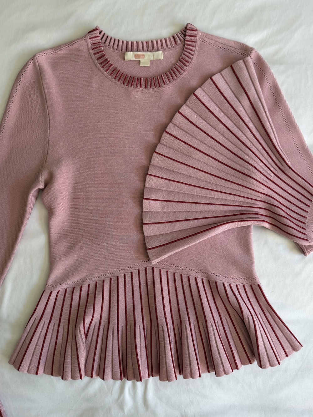 Jonathan Simkhai Pink Red Metallic Pleated Bell Sleeve Peplum Top